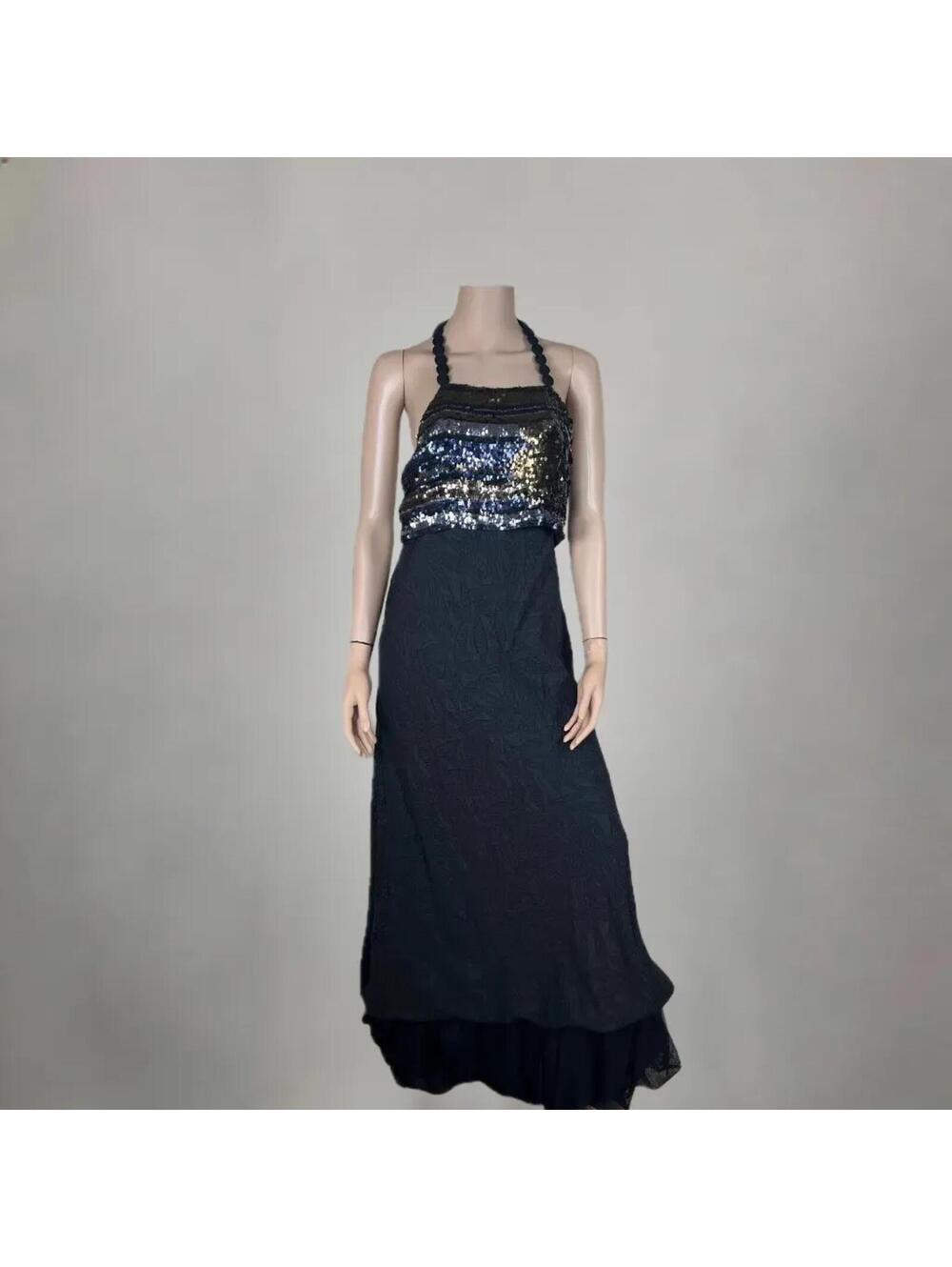 BCBG Black Sequined Halter Embossed Formal Evening Gown Size XS